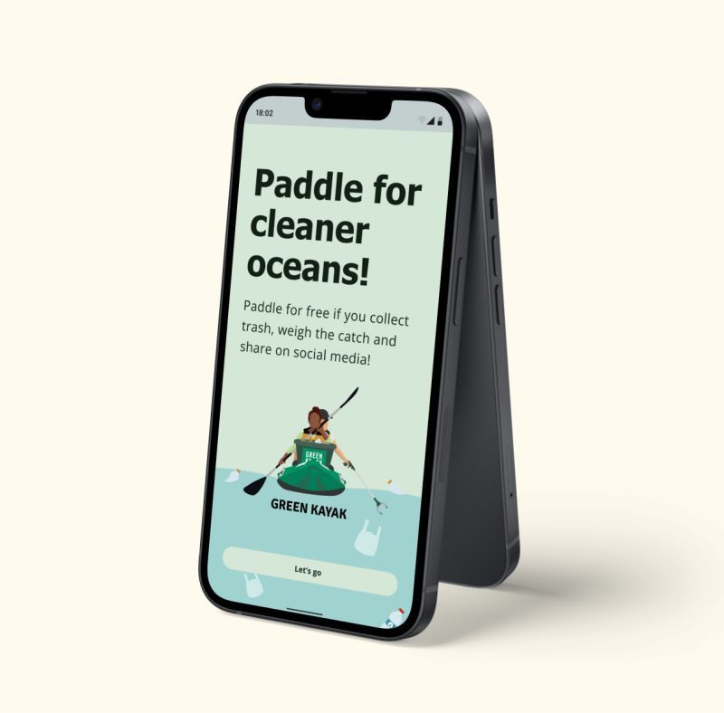 First screen of the GreenKayak app on a device mockup